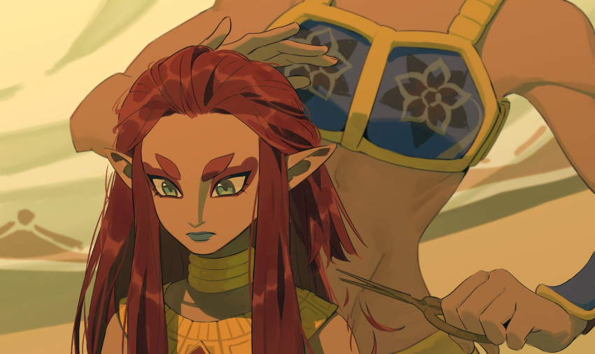 2girls armor breastplate cutting_hair dark-skinned_female dark_skin expressionless eyeliner gerudo green_eyes hair_slicked_back head_out_of_frame highres jewelry long_hair makeup maotuiii multiple_girls neck_ring outdoors red_hair riju scissors solo_focus the_legend_of_zelda the_legend_of_zelda:_tears_of_the_kingdom thick_eyebrows