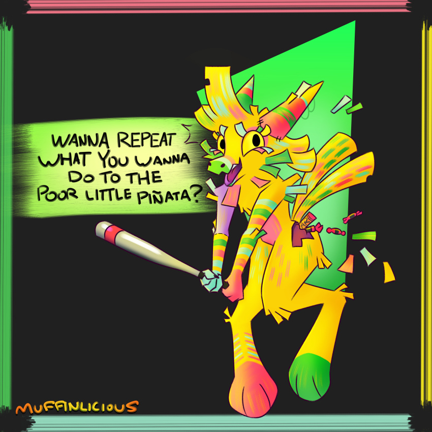 absurd_res anthro baseball_bat bat_(object) female hi_res humor muffinlicious multicolored_body pinata solo solo_focus speech_bubble text threatening yellow_eyes