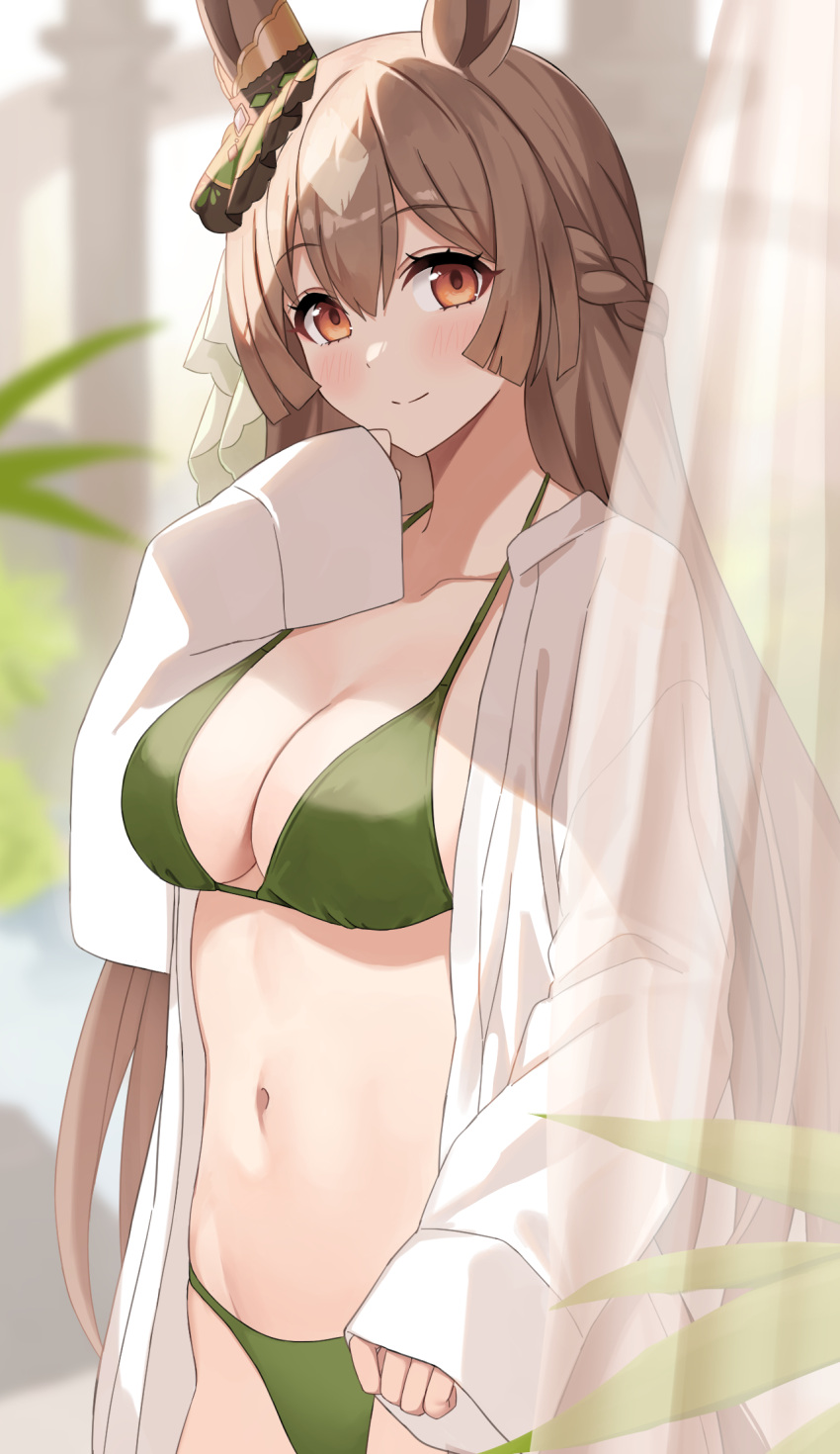 1girl asato_(fadeless) bikini blush braid breasts brown_eyes brown_hair cleavage closed_mouth collarbone commentary_request french_braid green_bikini half_updo hand_up highres horse_girl large_breasts long_hair long_sleeves looking_at_viewer multicolored_hair navel open_clothes open_shirt satono_diamond_(umamusume) shirt sleeves_past_wrists smile solo standing streaked_hair swimsuit umamusume white_shirt
