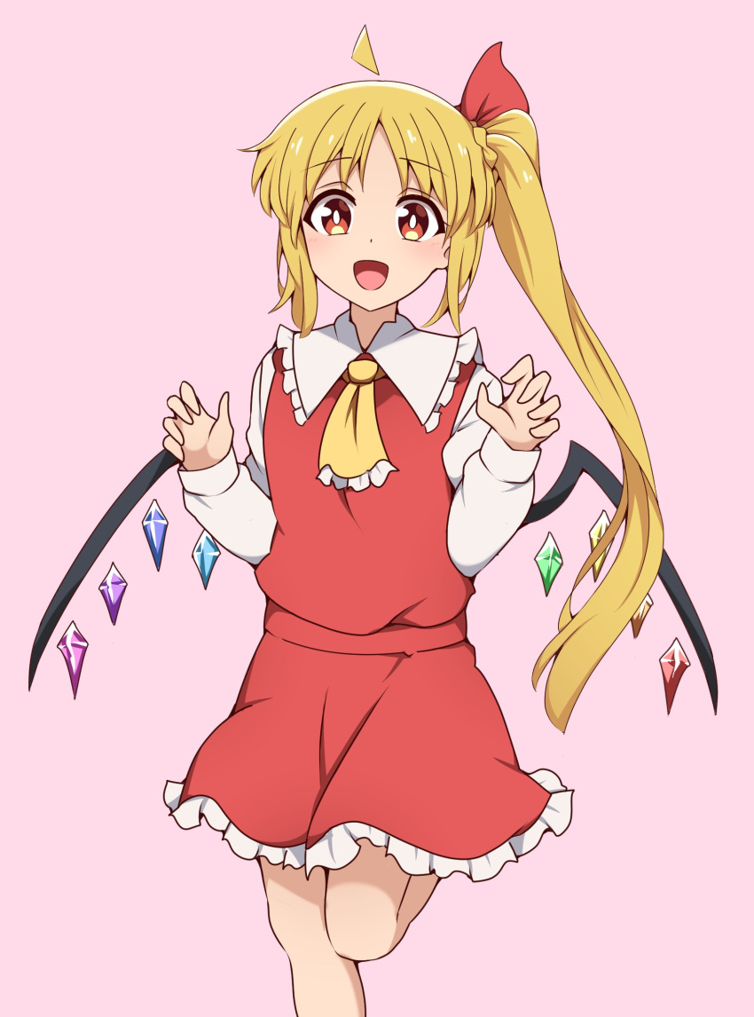 1girl :d ahoge alternate_costume ascot blonde_hair bocchi_the_rock! commentary_request cosplay crystal_wings detached_ahoge dress flandre_scarlet flandre_scarlet_(cosplay) hair_between_eyes hair_ribbon highres ijichi_nijika long_hair long_sleeves looking_at_viewer orange_eyes pink_background red_dress ribbon side_ponytail sidelocks simple_background smile solo standing standing_on_one_leg suwaneko touhou