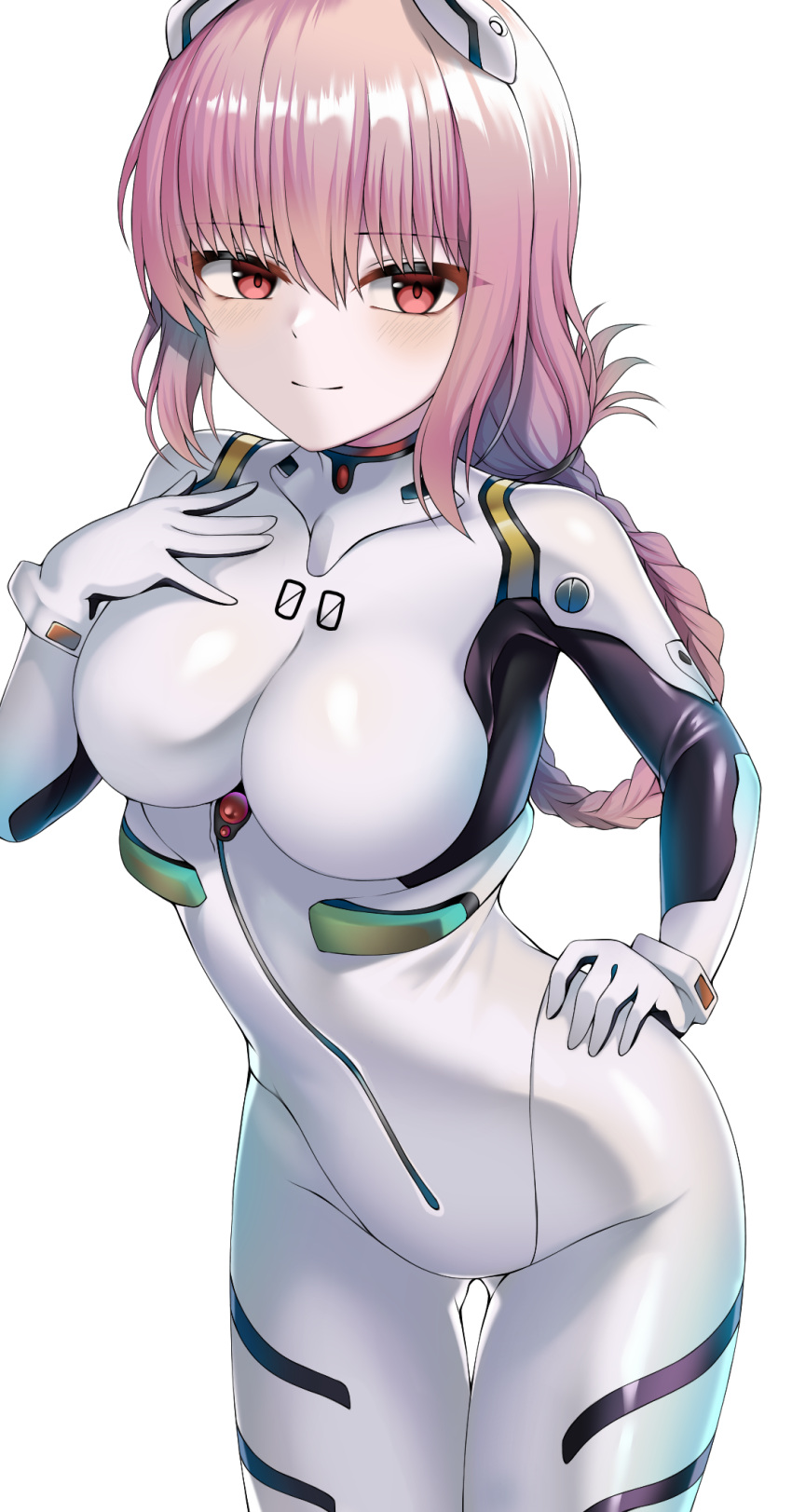 1girl ayanami_rei ayanami_rei_(cosplay) blush bodysuit braid breasts cosplay fate/grand_order fate_(series) florence_nightingale_(fate) hairpods highres interface_headset juna_(zana_lazy) large_breasts long_hair looking_at_viewer navel pilot_suit pink_hair plugsuit red_eyes simple_background skin_tight smile solo thigh_gap white_bodysuit zana_lazy