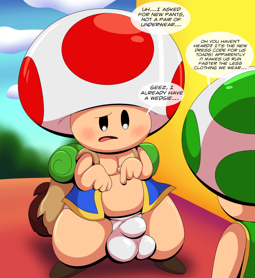 absurd_res anthro backpack big_bulge blush bulge clothing detailed_bulge duo hi_res male mario_bros nintendo pantsless short_stack tepigfan101 the_super_mario_bros_movie tight_underwear toad_(mario) underwear