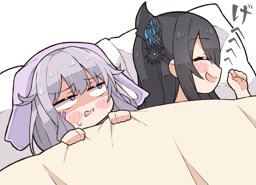 2girls black_hair blanket blanket_grab blush_stickers closed_eyes demon_horns grey_hair hair_between_eyes hair_flaps highres hololive hololive_english horns koseki_bijou kukie-nyan long_hair looking_at_another multiple_girls nerissa_ravencroft open_mouth pillow purple_eyes sidelocks sleeping sleepover sound_effects sweatdrop under_covers white_background