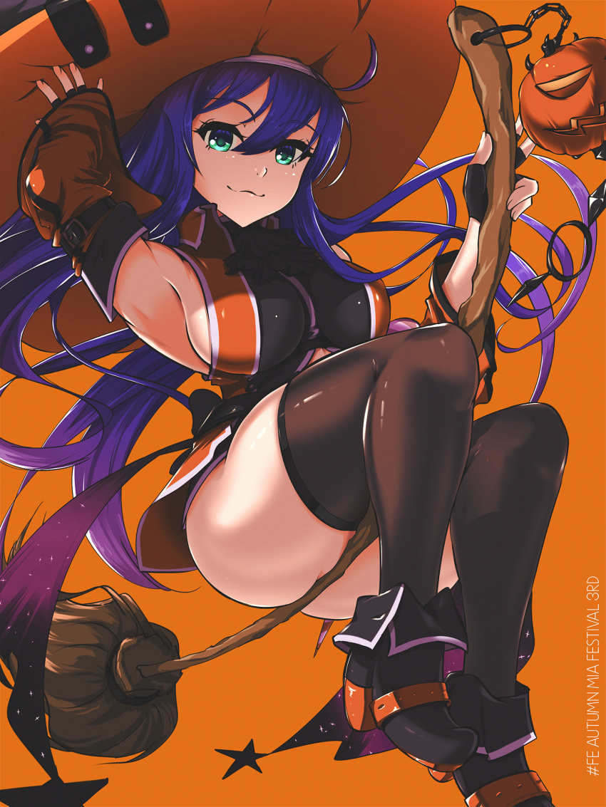 1girl armpits breasts broom broom_riding fire_emblem green_eyes halloween_costume hat highres keldancon large_breasts looking_at_viewer mia_(fire_emblem) mia_(halloween)_(fire_emblem) official_alternate_costume purple_hair thighhighs witch witch_hat