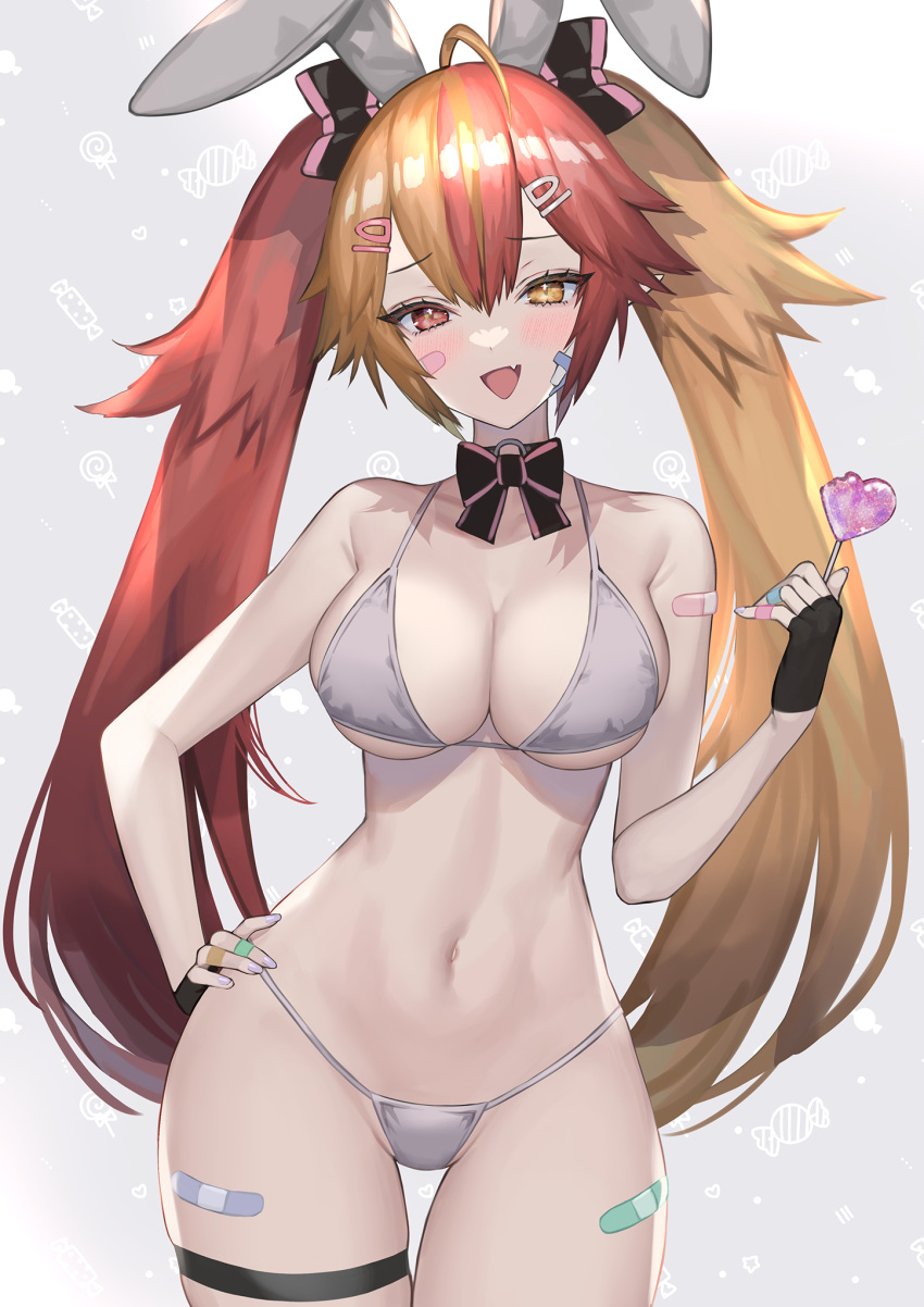 1girl ahoge animal_ears bandaid bandaid_on_arm bandaid_on_cheek bandaid_on_face bandaid_on_leg bikini blonde_hair blush bow_choker breasts candy choker cowboy_shot fake_animal_ears fang fingerless_gloves food gloves grey_bikini hand_on_own_hip heterochromia highres hitowa holding holding_candy holding_food holding_lollipop large_breasts lollipop looking_at_viewer multicolored_hair navel o-ring o-ring_choker open_mouth original rabbit_ears red_hair skin_fang solo swimsuit thigh_strap twintails two-tone_hair yellow_eyes