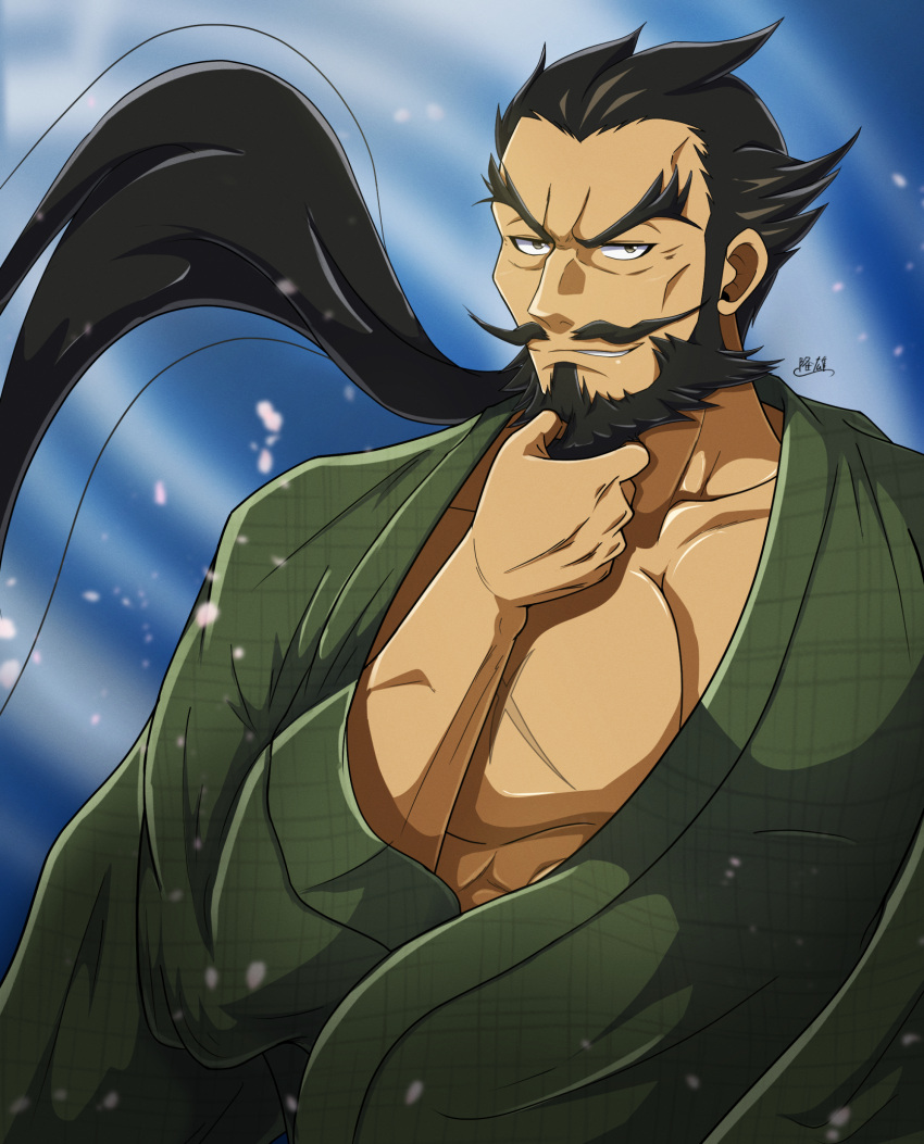 1boy bara beard black_hair blue_background brown_eyes collarbone facial_hair green_kimono highres japanese_clothes jigokuraku kimono large_pectorals long_hair looking_at_viewer male_focus mustache pectorals ponytail scar scar_on_chest solo stroking_beard tamiya_gantetsusai thick_eyebrows upper_body zeff_ozaki