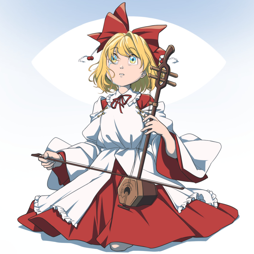 1girl blonde_hair blue_eyes bow bow_(music) crying crying_with_eyes_open dress erhu flat_chest frilled_shirt_collar frills full_body gradient_eyes hair_between_eyes hair_bow highres holding holding_bow_(music) holding_instrument instrument japanese_clothes kariginu long_bangs looking_up mefomefo miko multicolored_eyes music neck_ribbon parted_lips playing_instrument red_bow red_dress red_ribbon ribbon satsuki_rin short_hair solo tears touhou wide_sleeves yellow_eyes