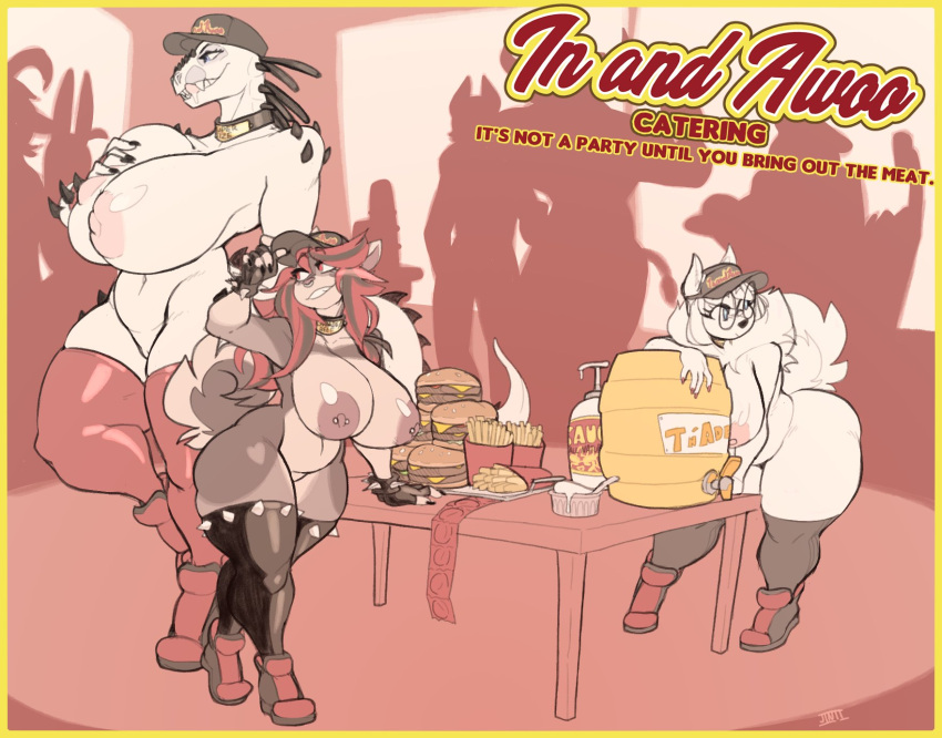 anthro background_character bovid bovine bracelet breast_grab breasts burger canid canine canis caprine cattle clothing collar collar_tag container cup dinosaur domestic_dog english_text eyewear facial_piercing female fingerless_gloves food footwear fries fur furniture gloves group hand_on_breast handwear headgear headwear hi_res in-and-awoo inside jewelry jinti_(artist) lagomorph legwear leporid licking licking_lips licking_own_lips looking_aside mammal mixi_elkhound mostly_nude multicolored_body nordic_sled_dog nose_piercing nose_ring piercing rabbit red_background reptile ring_piercing samoyed scales scalie shoes simple_background sneakers spiked_bracelet spikes spitz stockings table text thigh_highs tongue tongue_out trio white_body white_fur white_scales yuki_(evov1)