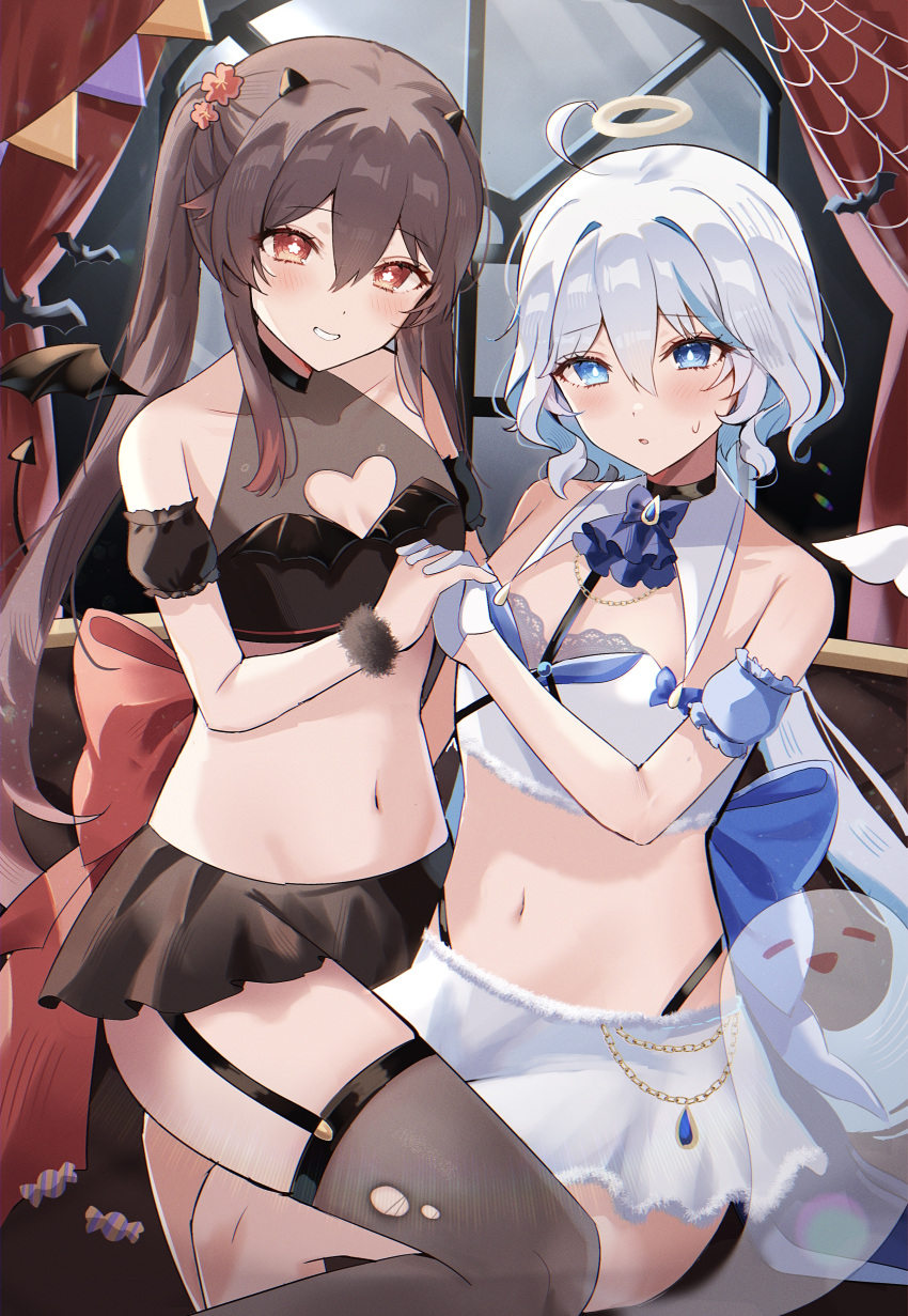 2girls absurdres alternate_costume bare_shoulders black_skirt black_thighhighs blue_eyes blue_hair blush breasts brown_hair cleavage_cutout clothing_cutout commentary curtains flower-shaped_pupils furina_(genshin_impact) genshin_impact gloves grin halo heterochromia highres holding_hands horns hu_tao_(genshin_impact) indoors long_hair looking_at_viewer midriff mismatched_pupils multiple_girls navel red_eyes revealing_clothes rim_(ririm711) short_hair skirt small_breasts smile sweatdrop symbol-shaped_pupils thighhighs twintails white_gloves white_hair white_skirt window