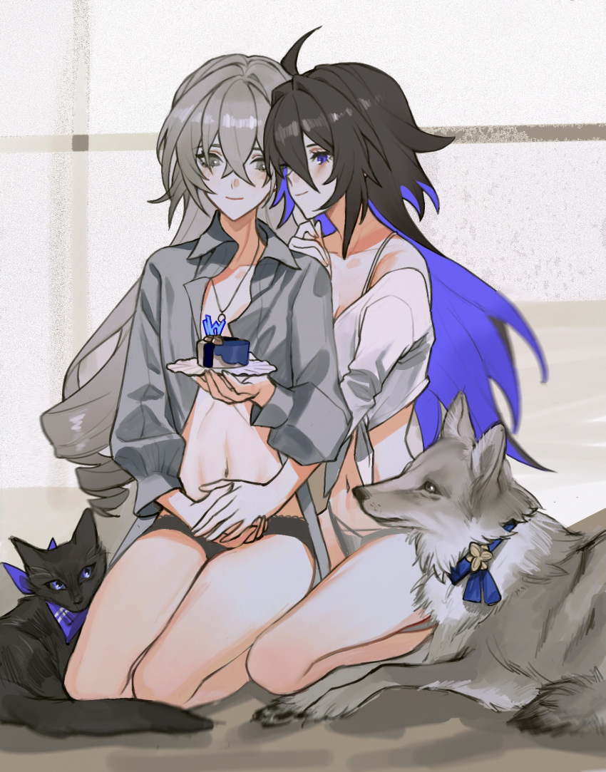 ahoge alternate_costume animal bare_legs black_cat black_hair black_panties blue_eyes blue_hair bronya_rand casual cat colored_inner_hair couple crossed_bangs day dog gift grey_eyes grey_hair hair_between_eyes highres holding_hands honkai:_star_rail honkai_(series) indoors jewelry kneeling light_blush mie_xing multicolored_hair navel necklace on_floor open_clothes panties pet seele_(honkai:_star_rail) underwear