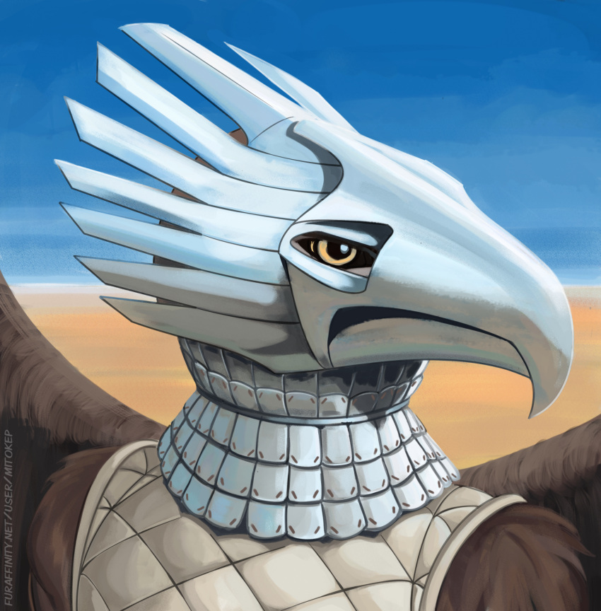 2023 accipitrid accipitriform anthro armor artist_name avian bird brown_body brown_feathers clothing day digital_media_(artwork) eagle feathered_wings feathers female gorget headgear helmet hi_res light mitokep outside scale_armor sky solo sunlight text thrall_(mitokep) topwear url vest wings yellow_eyes