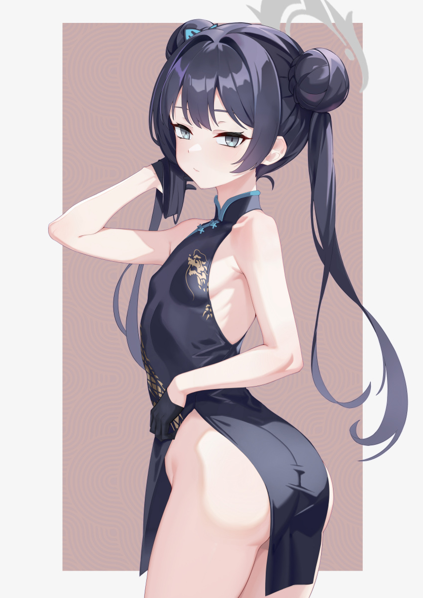 1girl absurdres ass back_cutout black_dress black_gloves black_hair blue_archive braid braided_bun breasts china_dress chinese_clothes chinese_commentary clothing_cutout commentary_request cowboy_shot double_bun dragon_print dress gloves grey_eyes grey_halo hair_bun hair_tucking half_gloves halo hand_up highres kisaki_(blue_archive) long_hair looking_ahead no_panties pelvic_curtain print_dress short_dress side_slit sleeveless sleeveless_dress small_breasts solo standing ta_men_takeshi_takeshi thighs twintails