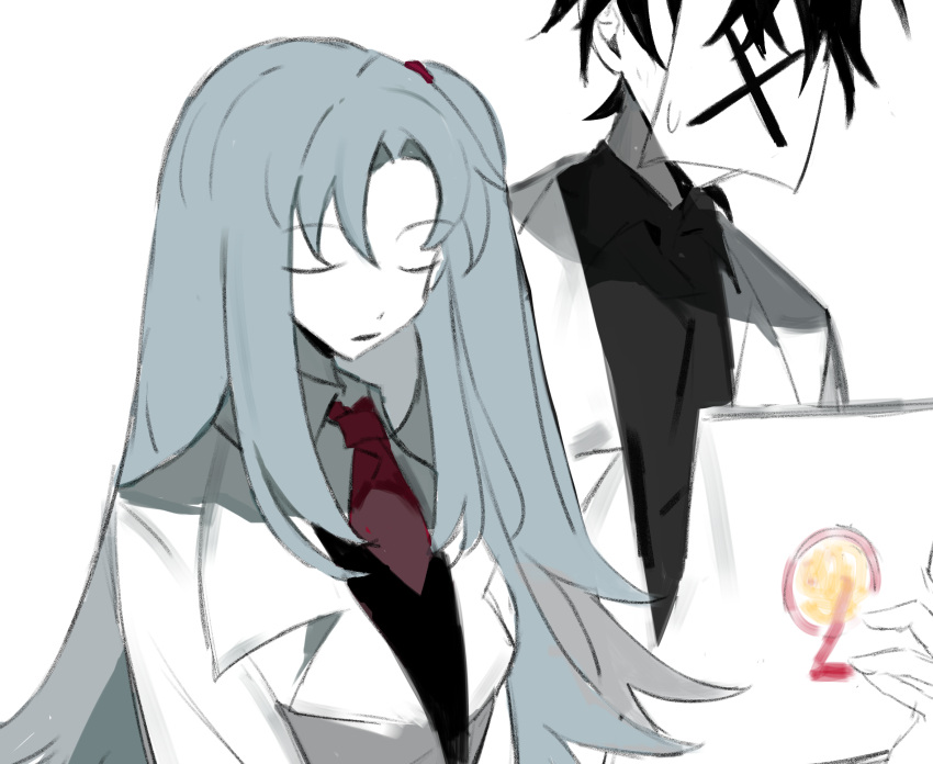 1boy 1girl angela_(project_moon) black_hair black_shirt black_vest blue_hair chinese_commentary closed_eyes coat coattails collared_shirt commentary_request company_logo covered_face expressionless highres holding holding_paper lab_coat lobotomy_corporation long_hair long_sleeves necktie one_side_up open_clothes open_coat open_mouth paper paper_on_head paper_stack ponytail_holder project_moon red_necktie shirt short_hair sweatdrop tiankong_yiji upper_body v-neck vest white_background white_coat white_shirt x x_(project_moon)