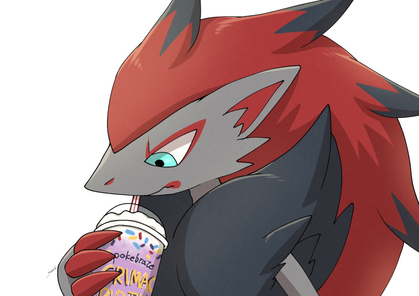 ambiguous_gender anthro beverage black_body black_fur blue_eyes claws container cup eyeshadow fur generation_5_pokemon grey_body grey_fur grimace_birthday_shake hair hi_res makeup milkshake nintendo pokemon pokemon_(species) red_claws red_eyeshadow red_hair red_inner_ear rocking_jjj simple_background solo tuft white_background zoroark