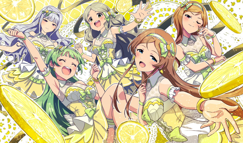 5girls :d ^_^ ahoge arm_up armpits blue_eyes blush bow bowtie breasts brown_hair cleavage clenched_hand closed_eyes closed_mouth collarbone dot_nose dress earrings floral_print food frilled_dress frilled_hairband frills fruit green_armband green_bow green_bowtie green_eyes green_hair green_hairband green_ribbon green_wristband grey_hair hair_bow hair_ribbon hairband hand_up handa_roco highres holding_hands idolmaster idolmaster_(classic) idolmaster_million_live! idolmaster_million_live!_theater_days interlocked_fingers jewelry knees_up lace-trimmed_ribbon lace_trim large_breasts lemon lemon_slice long_hair looking_at_viewer medium_breasts momose_rio multiple_girls one_eye_closed open_hand open_mouth purple_eyes reaching reaching_towards_viewer red_eyes ribbon see-through shijou_takane shimabara_elena shinomiya_karen sleeveless sleeveless_dress smile teeth thigh_strap twintails upper_teeth_only very_long_hair wanoji white_ribbon yellow_bracelet yellow_dress