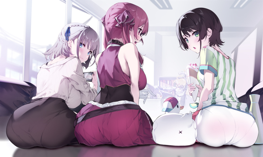 3girls ass bird blue_eyes blush breasts duck from_behind green_eyes hair_ornament hair_ribbon highres hololive houshou_marine large_breasts looking_at_another looking_at_viewer looking_back medium_hair multiple_girls oozora_subaru open_mouth panties panties_under_pantyhose panties_visible_through_clothes pantyhose purple_eyes purple_hair purple_ribbon ribbon shirogane_noel short_hair sitting smile twintails underwear virtual_youtuber yaguo