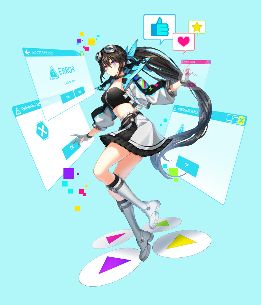 1girl absurdres aqua_background bai_winchester black_hair black_skirt black_tube_top blue_bow blue_jacket boots bow breasts closers cropped_jacket error_message eyewear_on_head foot_up frilled_skirt frills from_side full_body gloves goggles goggles_on_head hair_bow hands_up heart heterochromia highres jacket knee_boots large_breasts long_hair long_sleeves looking_to_the_side midriff multicolored_clothes multicolored_jacket official_art open_clothes open_jacket outstretched_arms partially_fingerless_gloves play_button pointing ponytail puffy_long_sleeves puffy_sleeves purple_eyes red_eyes skirt smile solo spoken_heart spoken_star spoken_thumbs_up spread_arms star_(symbol) strapless tachi-e tube_top two-tone_jacket two-tone_skirt very_long_hair white_footwear white_gloves white_jacket white_skirt window_(computing) zipper zipper_pull_tab