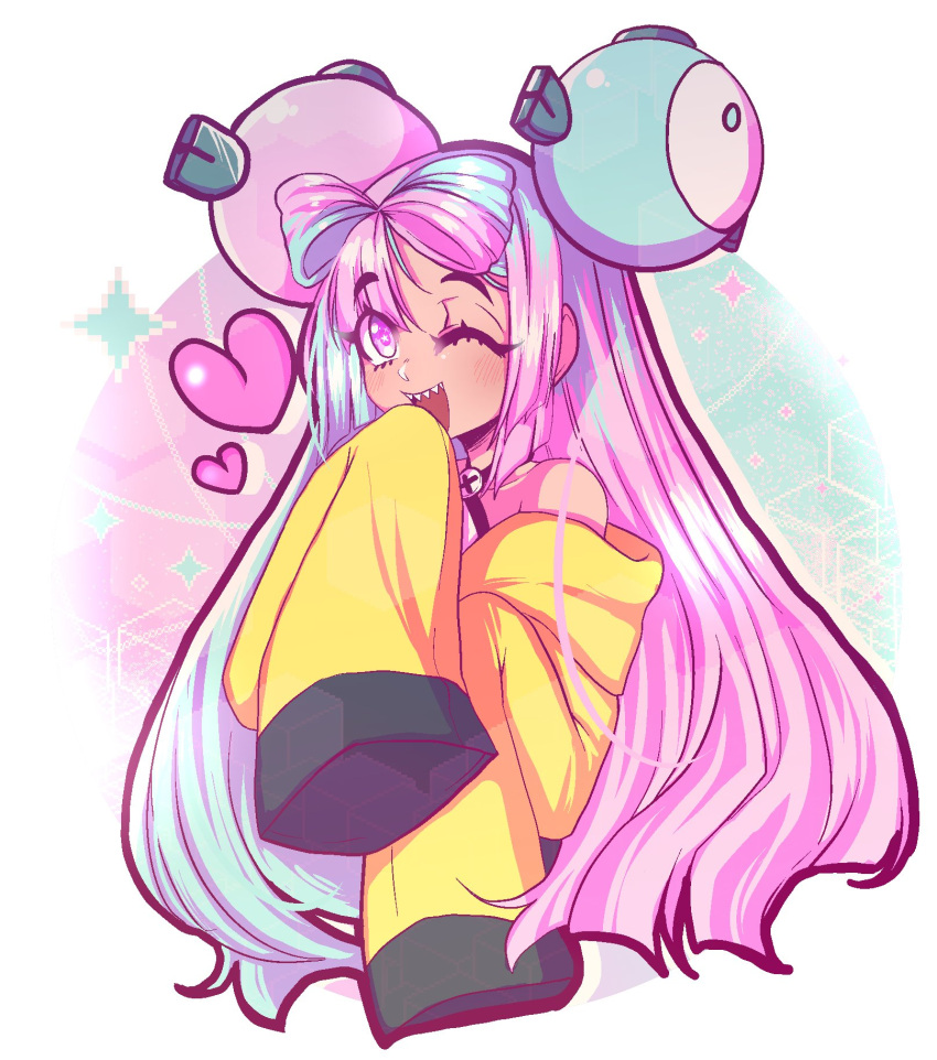 1girl blue_hair blush bow-shaped_hair character_hair_ornament collarbone english_commentary hair_behind_ear hair_ornament halter_shirt halterneck heart highres iono_(pokemon) jacket long_hair long_sleeves multicolored_hair off_shoulder one_eye_closed pink_eyes pink_hair pixelated pokemon pokemon_(game) pokemon_sv pride-kun sharp_teeth shirt smile solo sparkle teeth two-tone_hair very_long_hair white_shirt yellow_jacket