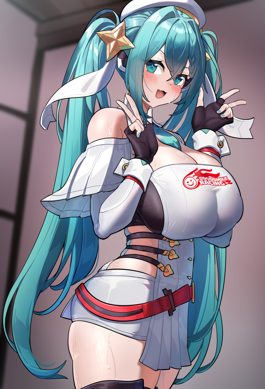 1girl :d absurdres alternate_breast_size aqua_eyes aqua_hair bare_shoulders beret black_gloves black_thighhighs blush breasts cleavage double_v fingerless_gloves gloves goodsmile_racing green_nails hat hatsune_miku highres huge_breasts large_breasts long_hair microskirt open_mouth pelvic_curtain racing_miku racing_miku_(2023) shuibo skirt smile solo sweat thighhighs twintails v very_long_hair vocaloid zettai_ryouiki