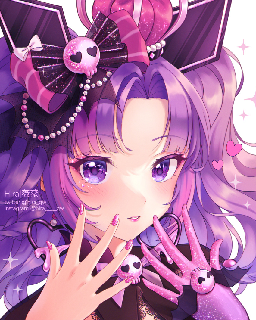 1girl absurdres artist_name character_hair_ornament earrings gloves hair_ornament heart heart_earrings highres hira_qw instagram_username jewelry kuromi miracle_nikki nail_art original purple_eyes purple_hair sanrio single_glove skull_hair_ornament skull_print twitter_username