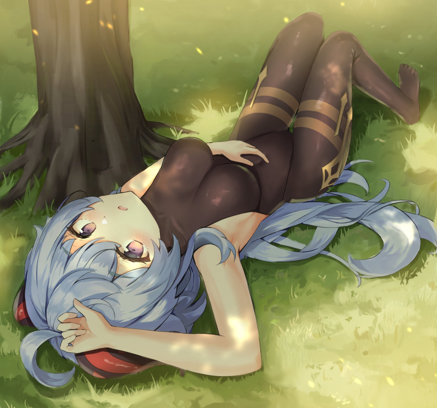1girl absurdres ahoge bare_arms black_leotard blue_hair blush bodystocking bodysuit breasts brown_pantyhose covered_navel ganyu_(genshin_impact) genshin_impact grass highres horns leotard leotard_under_clothes long_hair looking_at_viewer lying medium_breasts namoho82 no_gloves no_shoes on_back open_mouth outdoors pantyhose purple_eyes sideboob sidelocks sleeveless solo thighlet thighs tree