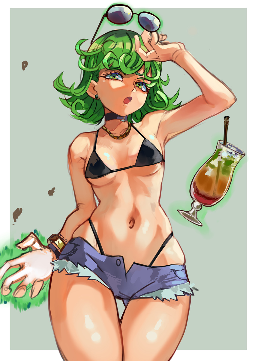 1girl :o aura bikini black_bikini black_choker breasts chain_necklace choker cup curly_hair denim denim_shorts drinking_glass earrings eyewear_on_head flipped_hair floating floating_object green_eyes green_hair highleg highleg_bikini highres jewelry looking_at_viewer navel necklace one-punch_man psychic ribosoma_42 short_hair short_shorts shorts small_breasts solo sunglasses swimsuit tatsumaki telekinesis