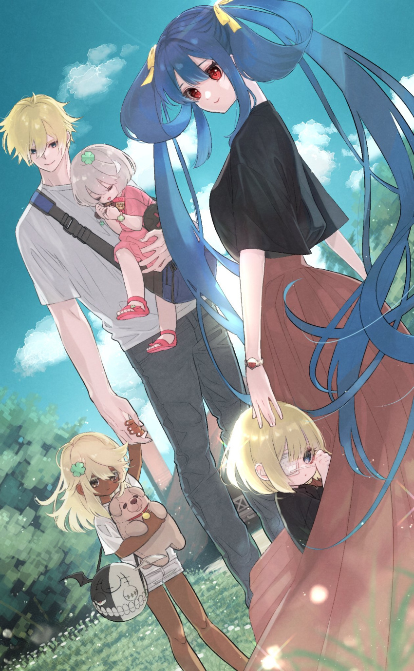 2boys 2tsubu 3girls aged_down ahoge baby baby_carrier baby_carry babywearing bag blonde_hair blue_sky blush bow carrying child cloud clover dark-skinned_female dark_skin dizzy_(guilty_gear) dress elphelt_valentine eyepatch family father_and_daughter female_child four-leaf_clover grey_hair guilty_gear hair_between_eyes hair_bow hair_rings highres holding_hands husband_and_wife ky_kiske long_hair lucifero_(guilty_gear) magehound male_child mature_female mature_male mother_and_son multiple_boys multiple_girls ramlethal_valentine red_eyes short_hair siblings sidelocks sin_kiske sisters sky smile standing stuffed_animal stuffed_dog stuffed_toy toy_gun twintails watch wristwatch yellow_bow