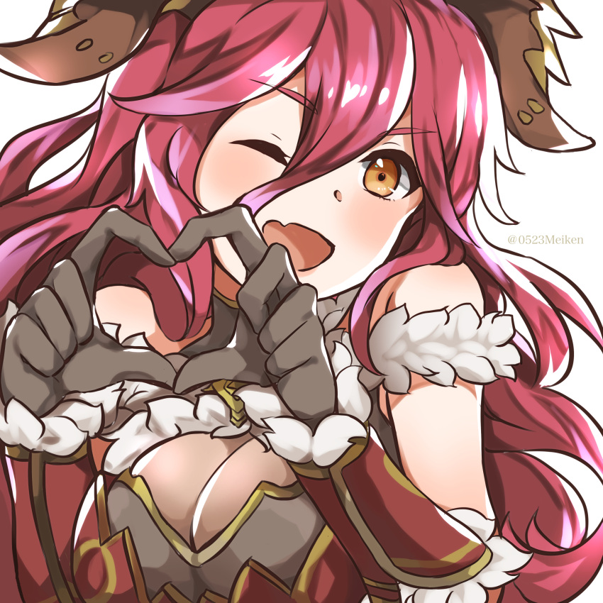 1girl ;d black_gloves breasts cleavage dragalia_lost fang gloves hair_between_eyes heart heart_hands highres long_bangs looking_at_viewer mym_(dragalia_lost) one_eye_closed open_mouth po_pooch red_hair skin_fang smile solo twitter_username upper_body yellow_eyes