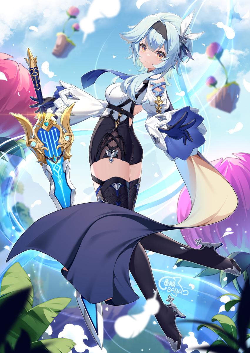1girl artist_name backless_outfit black_hairband blue_cape blue_gloves blue_hair blue_necktie blue_sky boots breasts cape chest_harness closed_mouth clothing_cutout cloud cross-laced_clothes cross-laced_cutout day eula_(genshin_impact) falling_feathers floating flower from_side full_body genshin_impact gloves greatsword hair_between_eyes hair_ornament hairband harness high-waist_shorts highres holding holding_sword holding_weapon leaf legs_up light_smile long_sleeves looking_at_viewer medium_breasts medium_hair necktie orange_eyes oversized_flower pink_flower shorts shoulder_cutout sidelocks sky solo song_of_broken_pines_(genshin_impact) sword thigh_boots two-tone_gloves weapon white_sleeves wide_sleeves yu_e_baba