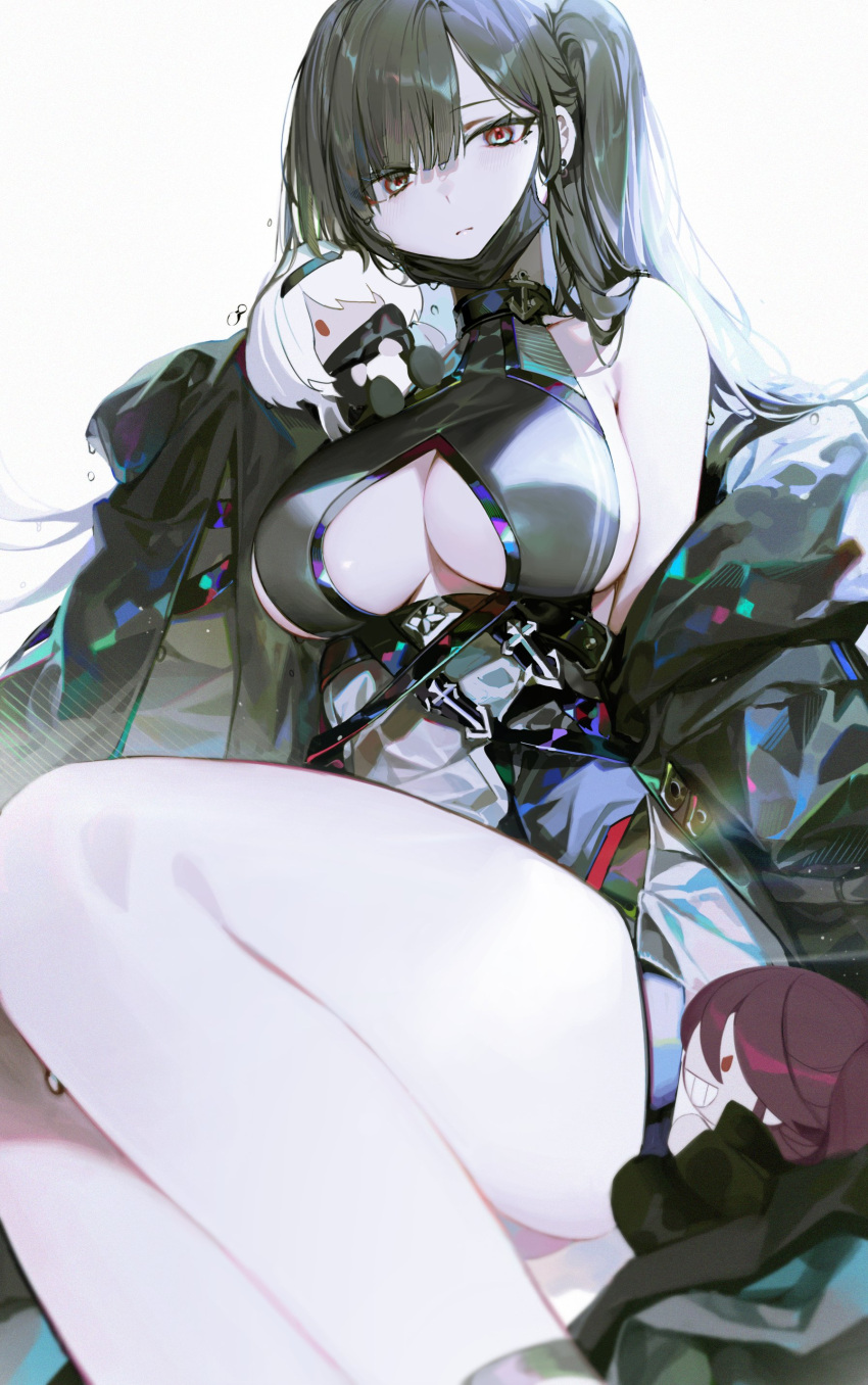 1girl absurdres azur_lane bare_shoulders black_hair black_jacket black_mask breasts character_doll chyan closed_mouth clothing_cutout colorado_(azur_lane) ear_piercing hair_between_eyes highres jacket large_breasts maryland_(azur_lane) mask mole mole_under_eye mouth_mask one_side_up open_clothes open_jacket piercing red_eyes simple_background solo thighs underboob underboob_cutout west_virginia_(azur_lane) west_virginia_(retrofit)_(azur_lane) white_background