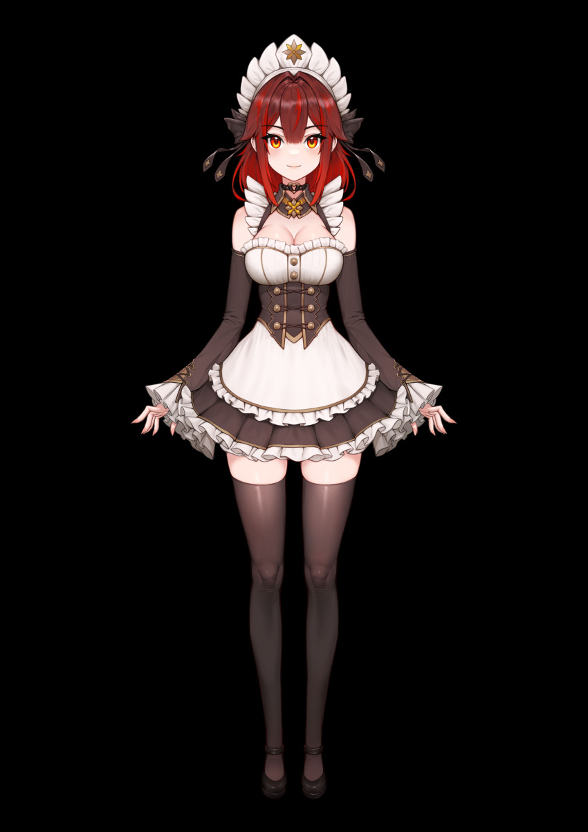 1girl absurdres animated apron bare_shoulders black_background black_sleeves black_thighhighs breasts cleavage detached_sleeves doha_skylightscent dress frilled_dress frills full_body highres large_breasts live2d long_hair long_sleeves maid maid_headdress original red_eyes red_hair shiny_clothes shiny_skin simple_background solo thighhighs virtual_youtuber waist_apron white_apron zettai_ryouiki