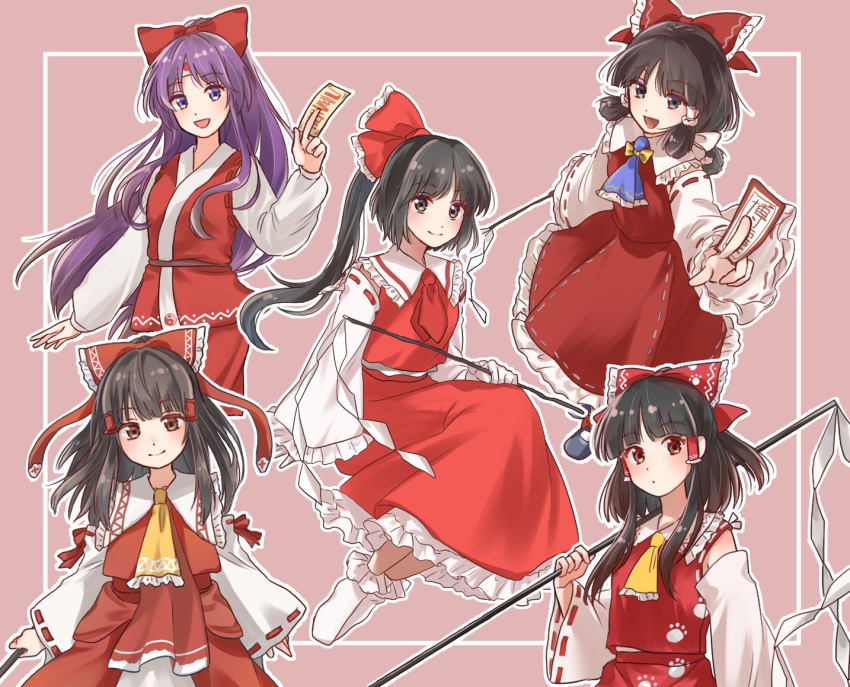 :d ascot bare_shoulders black_eyes black_hair blue_ascot bobby_socks bow closed_mouth commentary_request detached_sleeves embodiment_of_scarlet_devil frilled_ascot frilled_hair_tubes frilled_sleeves frills full_body gohei hair_bow hair_tubes hakurei_reimu hakurei_reimu_(pc-98) happy headband highly_responsive_to_prayers holding holding_gohei japanese_flag_print long_hair long_sleeves medium_hair multiple_persona ofuda paw_print ponytail purple_eyes purple_hair red_bow red_skirt red_vest reimu_tyuki ribbon-trimmed_sleeves ribbon_trim short_hair sidelocks skirt skirt_set smile socks subterranean_animism touhou touhou_(pc-98) touhou_sangetsusei unfinished_dream_of_all_living_ghost upper_body vest white_sleeves white_socks wily_beast_and_weakest_creature yellow_ascot yellow_bow