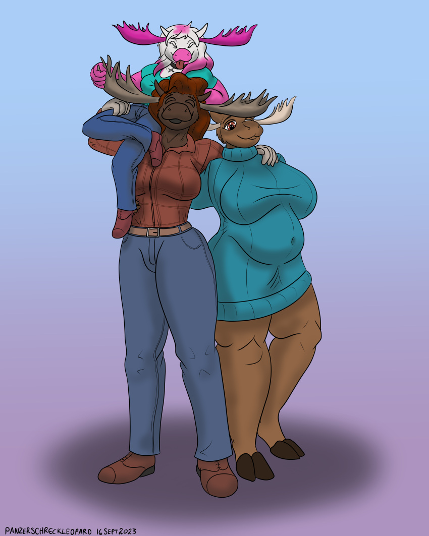 2023 4:5 absurd_res anthro antlers belt big_breasts blue_clothing boots bottomless bottomwear breasts brown_body brown_eyes brown_fur brown_hair chubby_female clothed clothing colored deep_navel deer denim denim_clothing embrace eyes_closed female flannel flannel_shirt footwear fur gerry_(mcdoogiy) group group_photo hair hand_on_leg hand_on_shoulder hand_on_stomach hands_on_shoulders hi_res holding_antler hooves horn hug jeans jewelry long_hair looking_at_viewer mammal moose navel necklace new_world_deer pants panzerschreckleopard pink_body pink_fur pink_hair red_clothing reda_(moosegorl) shirt shoes sitting_on_shoulder size_difference smile sweater t-shirt tan_body tan_fur tongue tongue_out topwear trio victoria_(panzerschreckleopard) white_body white_fur white_hair