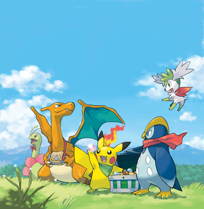 absurdres bag blue_sky charizard cloud fushigi_no_dungeon grass highres meganium no_humans official_art open_mouth outdoors pikachu pokemon pokemon_(creature) pokemon_(game) pokemon_mystery_dungeon prinplup red_scarf scarf shaymin shaymin_(sky) sky sugimori_ken treasure_chest