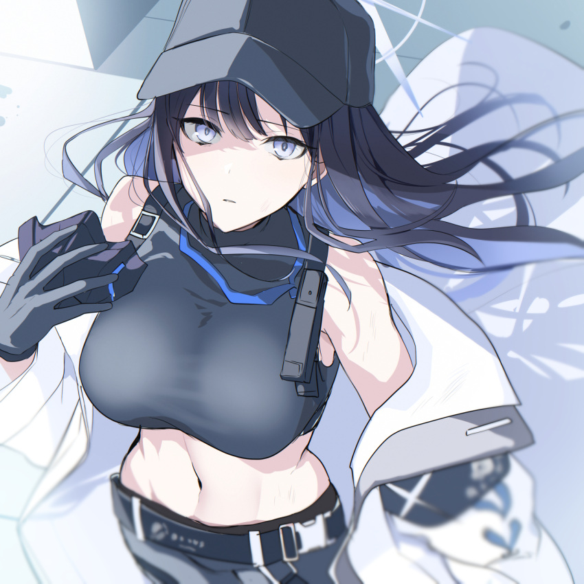 1girl bare_shoulders baseball_cap black_gloves black_hair black_headwear black_shirt blue_archive blue_eyes blue_hair breasts coat commentary_request crop_top floating_hair gloves halo hat highres large_breasts long_hair looking_at_viewer looking_up mask mask_removed mouth_mask navel off_shoulder saori_(blue_archive) shirt sleeveless solo stomach white_coat wind yunamaro