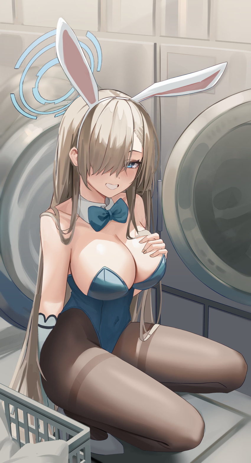 1girl absurdres animal_ears asuna_(blue_archive) asuna_(bunny)_(blue_archive) bare_shoulders black_pantyhose blonde_hair blue_archive blue_bow blue_bowtie blue_leotard blush bow bowtie breasts cleavage collarbone covered_navel detached_collar elbow_gloves fake_animal_ears gloves hair_over_one_eye hairband halo highres large_breasts leotard long_hair looking_at_viewer one_eye_covered pantyhose parted_lips playboy_bunny rabbit_ears single_glove smile solo teeth thighs toki88909 washing_machine white_gloves white_hairband