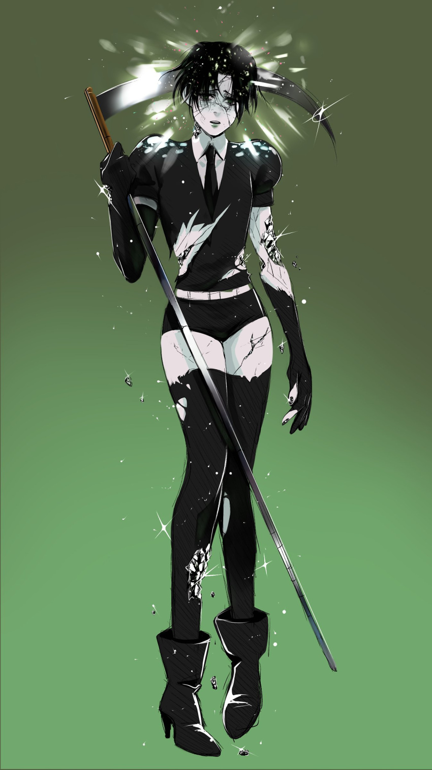 1boy absurdres androgynous black_eyes black_gloves black_hair black_necktie boots commentary cracked_skin crystal elbow_gloves english_commentary gem_uniform_(houseki_no_kuni) gloves gradient_background green_background high_heel_boots high_heels highres holding holding_scythe houseki_no_kuni killing_stalking male_focus necktie parody scythe shiny_weapon short_shorts shorts solo sparkle tariah_furlow thighhighs torn_clothes torn_gloves yoon_bum