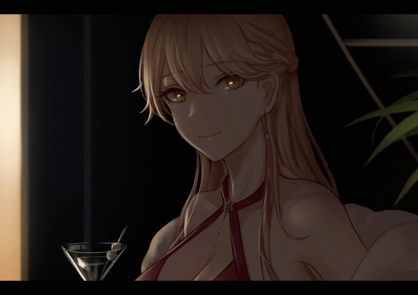 1girl alcohol bare_shoulders blonde_hair braid breasts cleavage closed_mouth cocktail cocktail_glass commentary_request cup dress drink drinking_glass earrings feather_boa girls'_frontline halter_dress halterneck highres holding holding_cup indoors jewelry large_breasts letterboxed long_hair looking_at_viewer official_alternate_costume olive ots-14_(girls'_frontline) ots-14_(ruler_of_the_banquet)_(girls'_frontline) plant red_dress selcky solo yellow_eyes