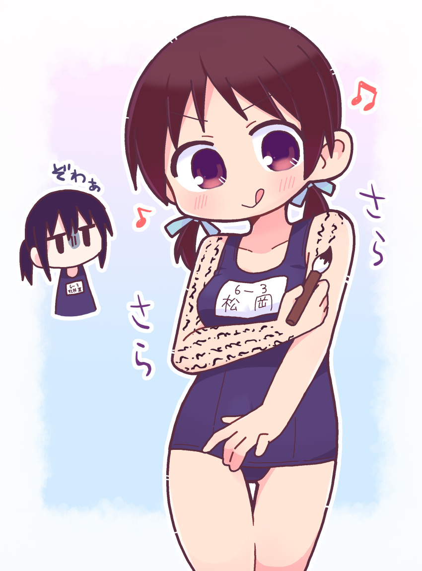 2girls :&gt; :q absurdres black_eyes black_hair blue_background blue_one-piece_swimsuit blue_ribbon blush body_writing border breasts brown_hair calligraphy_brush chibi chibi_inset collarbone commentary_request cowboy_shot gloom_(expression) gradient_background hair_ribbon highres holding_calligraphy_brush jitome large_breasts low_twintails marui_hitoha matsuoka_sakiko miminashi_houichi mitsudomoe multiple_girls musical_note name_tag one-piece_swimsuit outline outside_border paintbrush parody pink_background pink_eyes ribbon richard_(richaball) school_swimsuit short_ponytail short_twintails solo_focus swimsuit thigh_gap tongue tongue_out translation_request twintails white_border white_outline