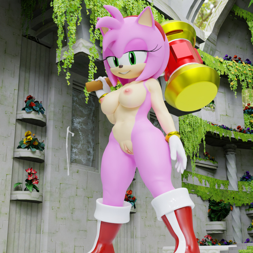 1:1 2023 3d_(artwork) amy_rose anthro areola breasts clothing digital_media_(artwork) eulipotyphlan eyelashes female fingers footwear genitals green_eyes hedgehog hi_res mammal mostly_nude nipples pussy sega solo sonic_the_hedgehog_(series) twintails3d