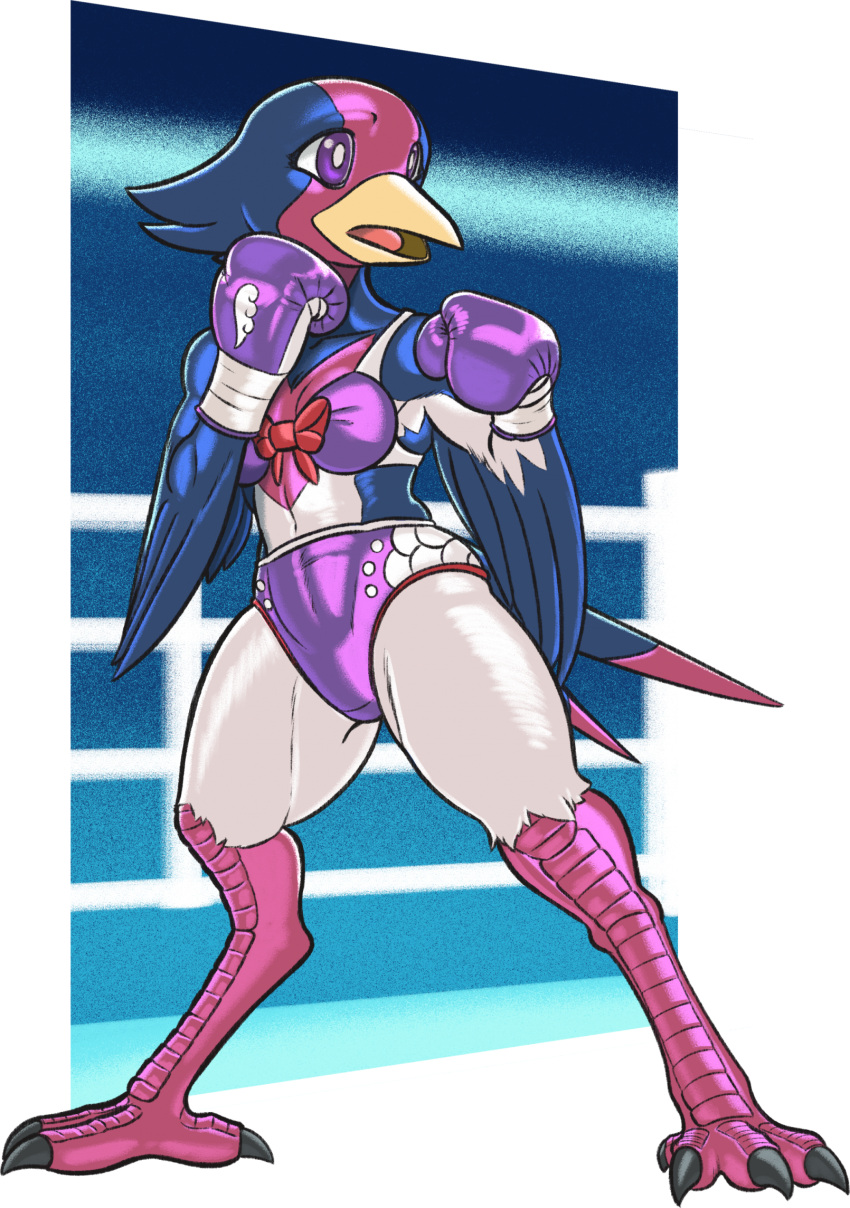 anthro avian avian_feet beak bird boxing boxing_gloves clothing dcheese feathered_wings feathers female fighting_pose fighting_ring generation_3_pokemon gloves handwear hi_res nintendo pokemon pokemon_(species) pose solo sport swellow talons wings wrestler