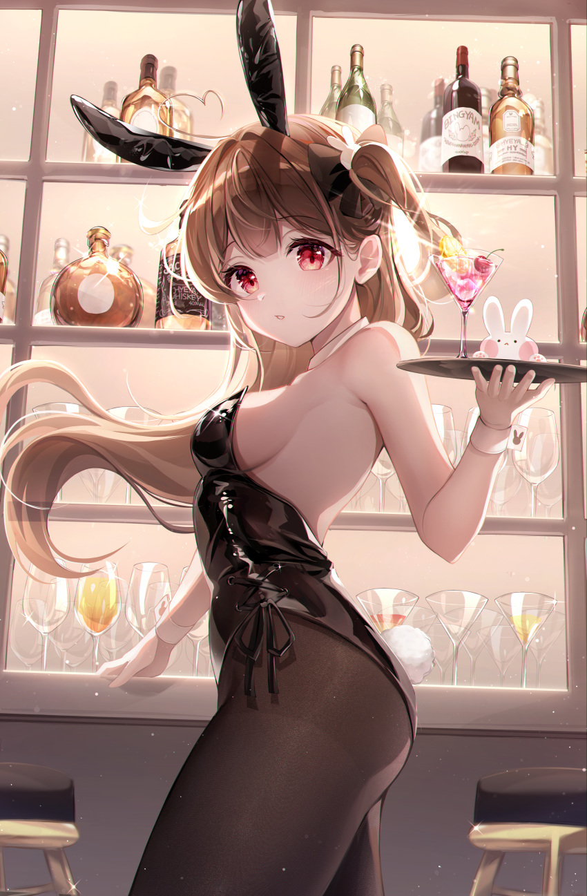 1girl absurdres alcohol animal_ears ass bar_(place) bare_arms bare_shoulders black_bow black_bowtie black_leotard bottle bow bowtie breasts brown_hair brown_pantyhose cowboy_shot cup detached_collar drinking_glass fake_animal_ears floating_hair from_side highleg highleg_leotard highres hyeya indoors leotard liquor long_hair medium_hair one_side_up original pantyhose playboy_bunny rabbit_ears rabbit_tail red_eyes rum side-tie_leotard sideboob solo strapless strapless_leotard tail thighs whiskey wine_glass wrist_cuffs