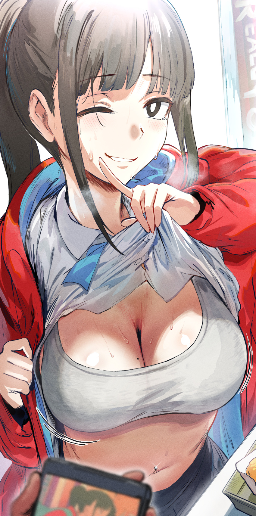 1girl ;) absurdres black_hair blush breasts cleavage flashing girlfriend_(yoru_mac) hews highres jacket large_breasts lifted_by_self long_hair looking_at_another looking_at_viewer mcdonald's mole mole_on_breast navel_piercing one_eye_closed piercing ponytail public_indecency red_jacket shirt smile solo sparkling_sweat sweat white_shirt yoru_mac