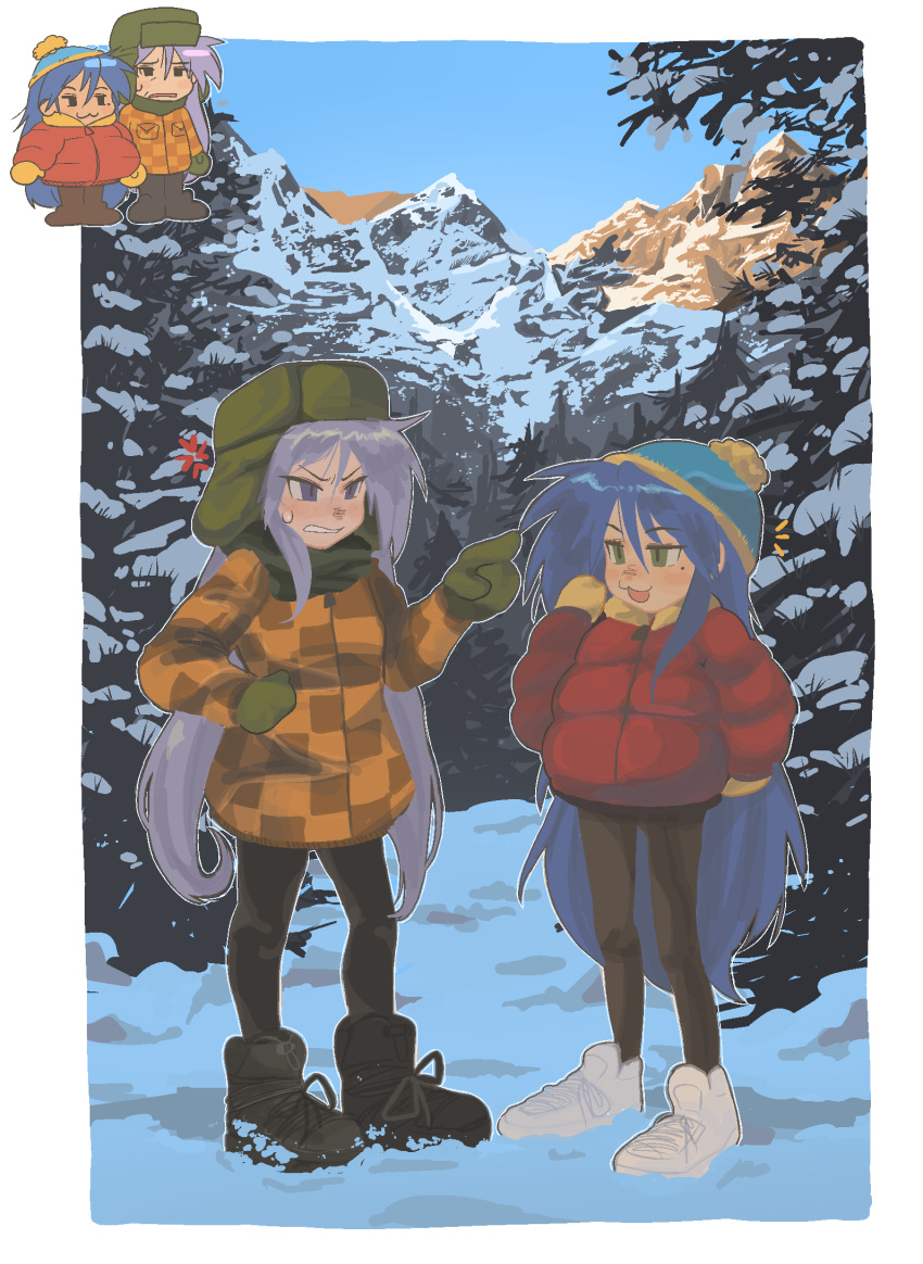 2girls beanie blue_hair boots chzzei cosplay eric_cartman eric_cartman_(cosplay) green_eyes hat highres hiiragi_kagami izumi_konata kyle_broflovski kyle_broflovski_(cosplay) long_hair lucky_star mole mole_under_eye mountain mountainous_horizon multiple_girls purple_eyes purple_hair south_park twintails