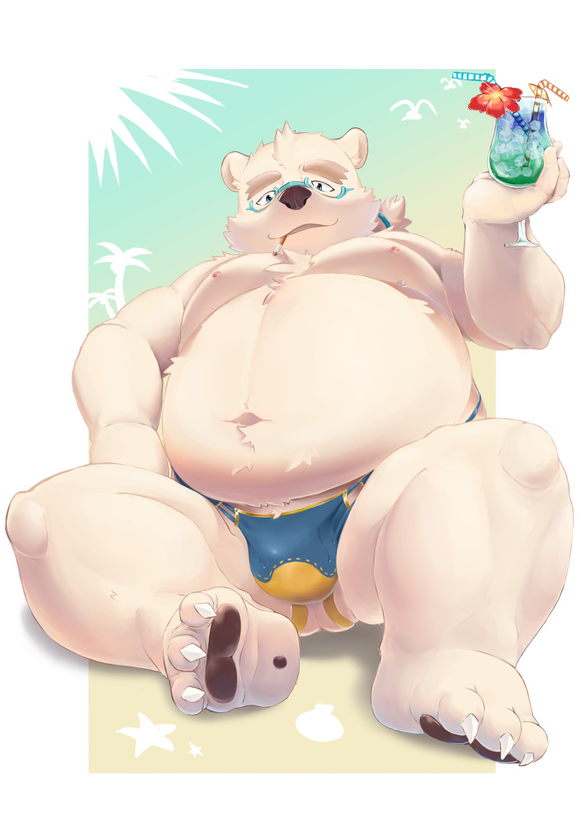 absurd_res anthro bear belly bulge butt cigarette cigarette_in_mouth clothing flower fur hechaxianzhi hi_res hibiscus jockstrap leib_(tas) lifewonders male mammal musclegut navel object_in_mouth pawpads pecs plant polar_bear sitting smoking solo tokyo_afterschool_summoners tropical_beverage underbutt underwear ursine white_body white_fur