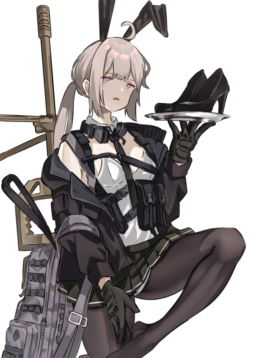 1girl ahoge animal_ears bag black_footwear black_gloves black_jacket black_necktie black_skirt bolt_action breasts cheytac_m200 commentary detached_collar fake_animal_ears girls'_frontline gloves grey_hair gun half-closed_eyes high_heels highres holding holding_plate jacket leotard long_hair looking_at_viewer m200_(girls'_frontline) mutugorou_u necktie pantyhose plate playboy_bunny pleated_skirt pouch purple_eyes rabbit_ears rifle shoes shoes_removed simple_background skirt small_breasts snap-fit_buckle sniper_rifle solo standing standing_on_one_leg tactical_playboy_bunny weapon white_background white_leotard