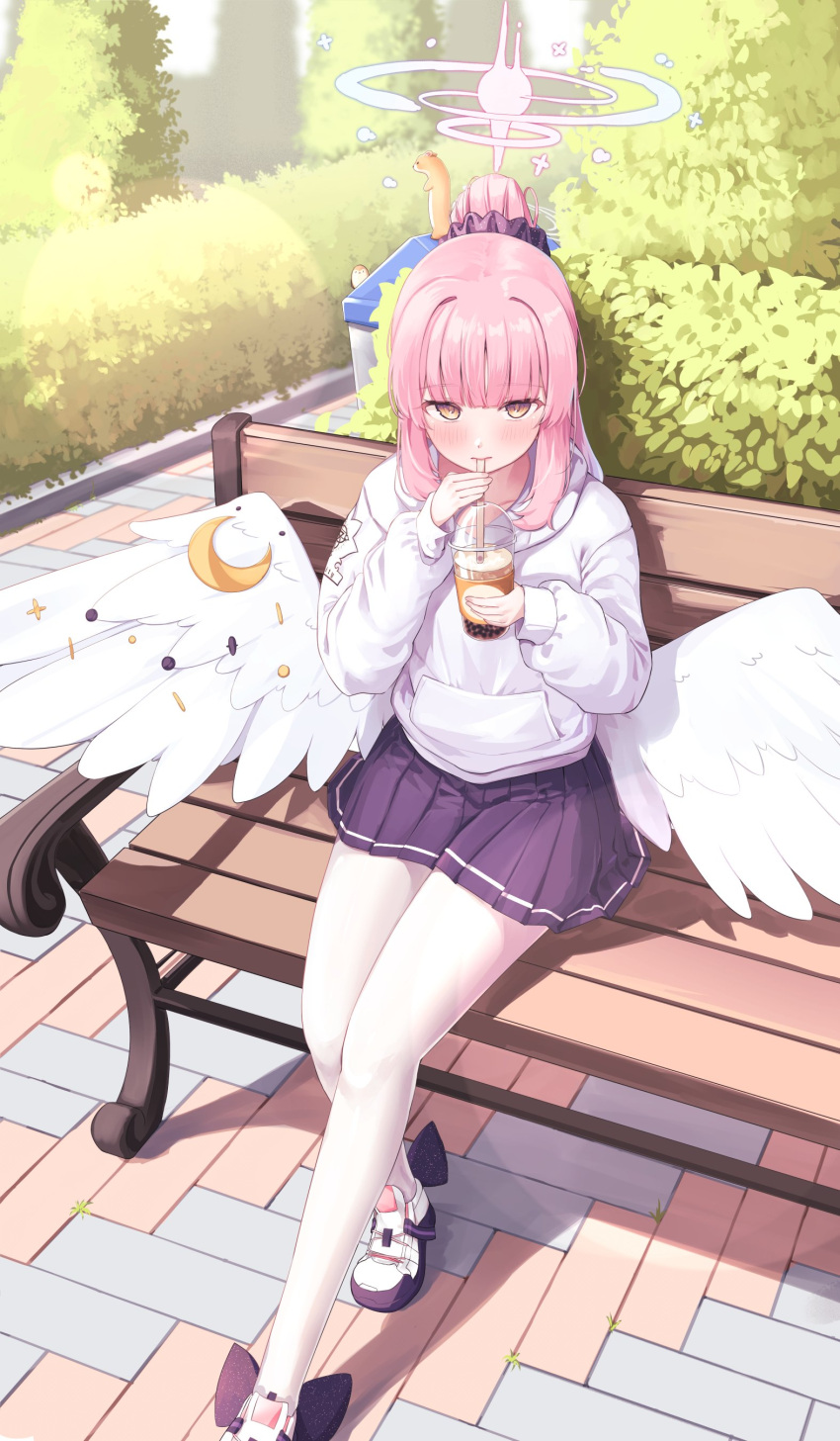 1girl absurdres alternate_costume alternate_hairstyle bench blue_archive blunt_bangs blush bow brick_floor bubble_tea bush commentary crescent crescent_print cup daran9 disposable_cup feathered_wings foot_out_of_frame footwear_bow hair_intakes hair_ornament hair_scrunchie halo high_ponytail highres holding holding_cup hood hoodie long_sleeves looking_at_viewer low_wings mika_(blue_archive) miniskirt outdoors pantyhose park park_bench pink_hair pink_halo pleated_skirt ponytail puffy_long_sleeves puffy_sleeves purple_bow purple_scrunchie purple_skirt scrunchie sitting_on_bench skirt solo white_footwear white_hoodie white_pantyhose white_wings wing_ornament wings yellow_eyes