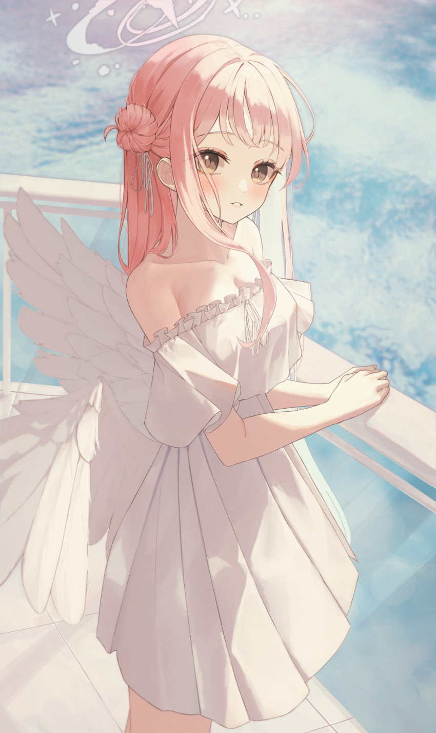 1girl absurdres alternate_costume angel_wings balcony bare_shoulders blue_archive blush breasts cleavage cloud collarbone commentary day dress eyelashes feathered_wings fingernails frilled_dress frills hair_bun hair_ribbon halo highres korean_commentary light_smile looking_at_viewer low_wings mika_(blue_archive) off-shoulder_dress off_shoulder pink_hair ribbon shiina_1001 single_side_bun solo strapless strapless_dress tile_floor tiles white_dress white_ribbon white_wings wings yellow_eyes