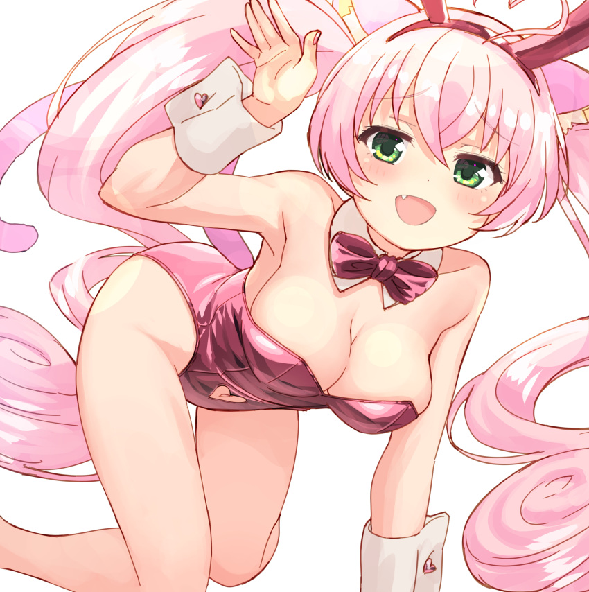 1girl :d absurdres all_fours animal_ear_fluff animal_ears arm_up bare_legs bare_shoulders blush bow bowtie breasts cat_ears cat_girl cat_tail cleavage clothing_cutout collar detached_collar fake_animal_ears fang green_eyes hair_between_eyes heart_cutout highres knees_together_feet_apart leotard long_hair looking_at_viewer medium_breasts navel navel_cutout nyama pink_bow pink_bowtie pink_hair pink_leotard pink_theme playboy_bunny rabbit_ears rosia_(show_by_rock!!) show_by_rock!! simple_background smile solo strapless strapless_leotard tail twintails very_long_hair white_background white_collar wing_collar wrist_cuffs