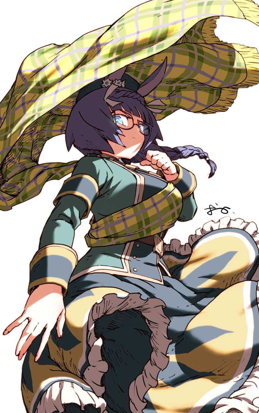 1girl absurdres animal_ears armband belt beret black_hair blue_eyes braid braided_ponytail breasts clenched_hand closed_mouth frown glasses green_headwear green_jacket green_skirt hat highres horse_ears jacket large_breasts long_hair long_sleeves oono_tsutomu shawl signature simple_background skirt solo umamusume upper_body white_background zenno_rob_roy_(umamusume)